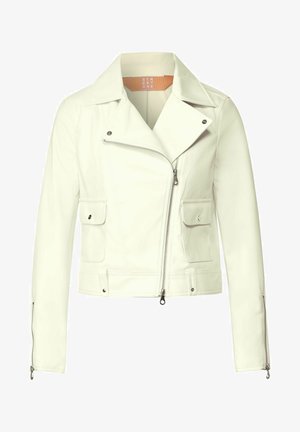 Veste de moto en simili cuir blanc avec un col cranté, une fermeture éclair asymétrique et deux poches frontales. Dispose de poignets zippés et de quincaillerie argentée.
