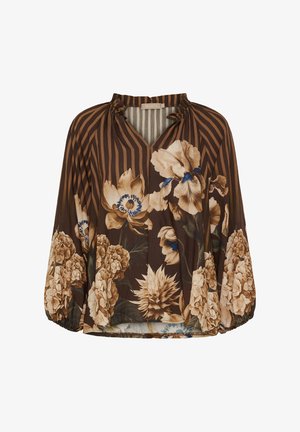 Brun stribet bluse med store beige og blå blomsterprint, samlet halsudskæring og bløde lange ærmer med elastiske manchetter.