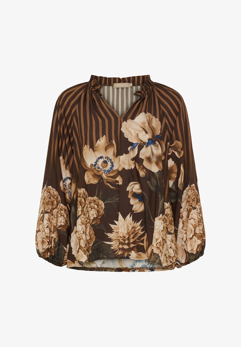 Brun stribet bluse med store beige og blå blomsterprint, samlet halsudskæring og bløde lange ærmer med elastiske manchetter.