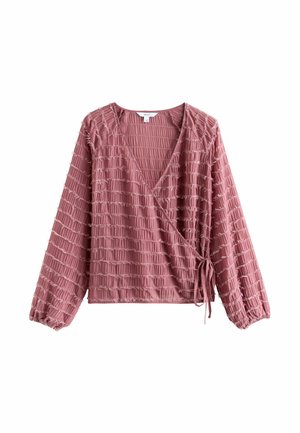 Rüschenbluse in staubigem Rosa, mit langen Ärmeln, strukturiertem Kräuselmuster, tiefem V-Ausschnitt und einem Bindeband in der Taille.