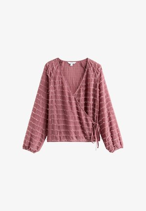 Rüschenbluse in staubigem Rosa, mit langen Ärmeln, strukturiertem Kräuselmuster, tiefem V-Ausschnitt und einem Bindeband in der Taille.