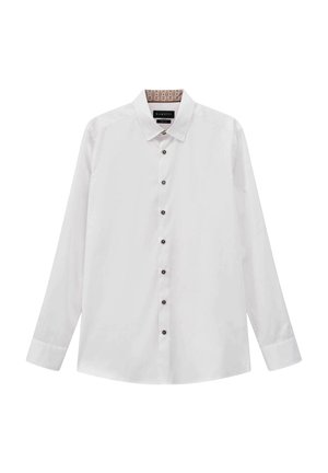 Langärmliges weißes Hemd aus Baumwolle mit klassischem Kragen, vorderer Knopfleiste und kontrastierendem, gemustertem Innenfutter am Kragen.