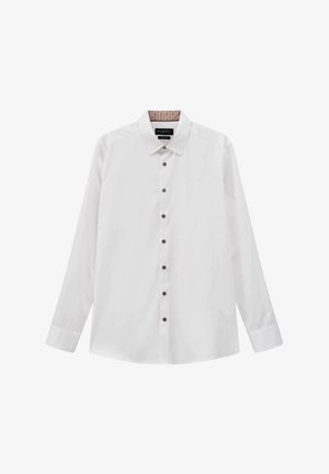 Langärmliges weißes Hemd aus Baumwolle mit klassischem Kragen, vorderer Knopfleiste und kontrastierendem, gemustertem Innenfutter am Kragen.