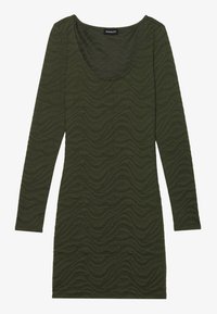 Robe à manches longues vert olive avec une silhouette ajustée et un motif à texture ondulée. Encolure dégagée et tissu doux légèrement extensible.