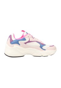 Chunky sneakers featuring a pink, white, and blue color scheme, mesh and synthetic materials, rounded toe, and textured sole.