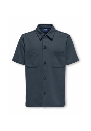 Chemise à manches courtes gris foncé avec deux poches poitrine avant et un col pointu.