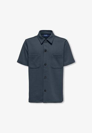 Dunkelgraues Kurzarmhemd mit Knopfleiste, zwei Brusttaschen vorne und spitzem Kragen.