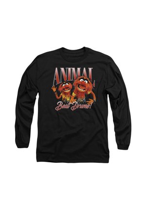 Schwarzes Langarm-T-Shirt mit lebhaftem Grafikdruck von zwei Cartoon-Tieren mit orangefarbigem Fell und dem Text "ANIMAL Beat Drums!" in fetten Buchstaben.