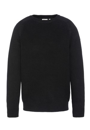 Suéter negro de punto con mangas largas y cuello redondo, con puños y dobladillo acanalados, presentado sobre un fondo blanco.