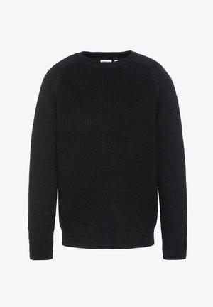 Suéter negro de punto con mangas largas y cuello redondo, con puños y dobladillo acanalados, presentado sobre un fondo blanco.