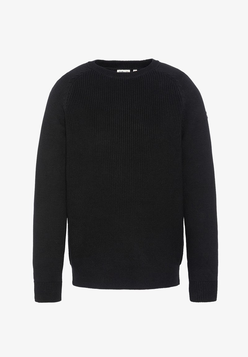 Pull noir en maille à manches longues et col rond, avec poignets et bord côte, présenté sur un fond blanc.