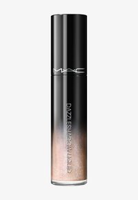 Ombre à paupières liquide dans un flacon cylindrique transparent avec un dégradé du noir au rose doux. Présente un texte argenté brillant et un design élégant.