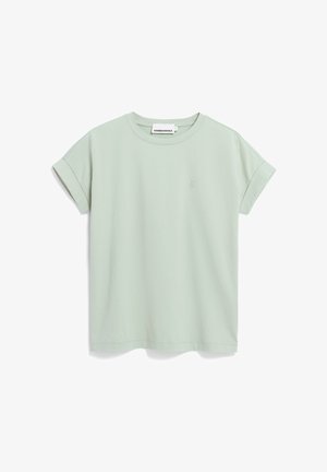 Licht muntgroen T-shirt met korte mouwen, gemaakt van zacht katoen. Heeft een ronde halslijn en een klein geborduurd logo op de borst.