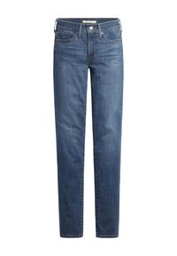 Jeans dritti in denim blu scuro. Caratterizzati da una cintura standard, cinque tasche e dettagli di cucitura discreti. Texture liscia su tutta la superficie.