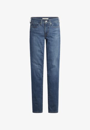 Straight-leg jeans in dark blue denim. Features a standard waistband, five pockets, and subtle stitching details. Smooth texture throughout.