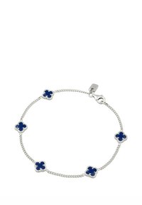 Silberne Gliederarmband mit fünf blauen Blumenakzenten. Verfügt über einen Karabinerverschluss und ein feines Glieddesign. Glatte Emaille-Oberfläche auf den Blumenmotiven.