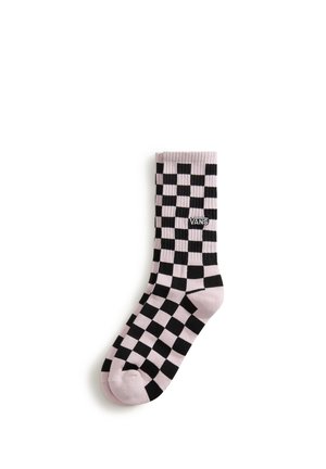 Calzino corto a quadretti nero e rosa chiaro con polsino a coste e logo Vans bianco sul lato.