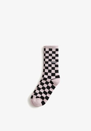 Calzino corto a quadretti nero e rosa chiaro con polsino a coste e logo Vans bianco sul lato.