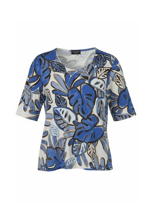 Witte blouse met korte mouwen met grote blauwe en grijze tropische bladprint, ronde hals en een losse pasvorm.