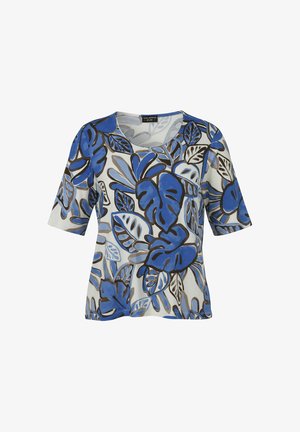 Witte blouse met korte mouwen met grote blauwe en grijze tropische bladprint, ronde hals en een losse pasvorm.