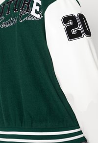 Giacca verde e bianca con testo ricamato, numero "20" sulla manica e orlo a costine a righe. Texture morbida e design sportivo.