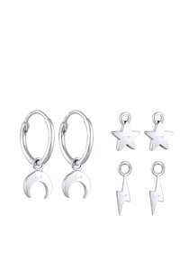 Sølv hoop øreringe med en halvmåne charm, samt tre par aftagelige charms: stjerne, lyn og klassisk form.