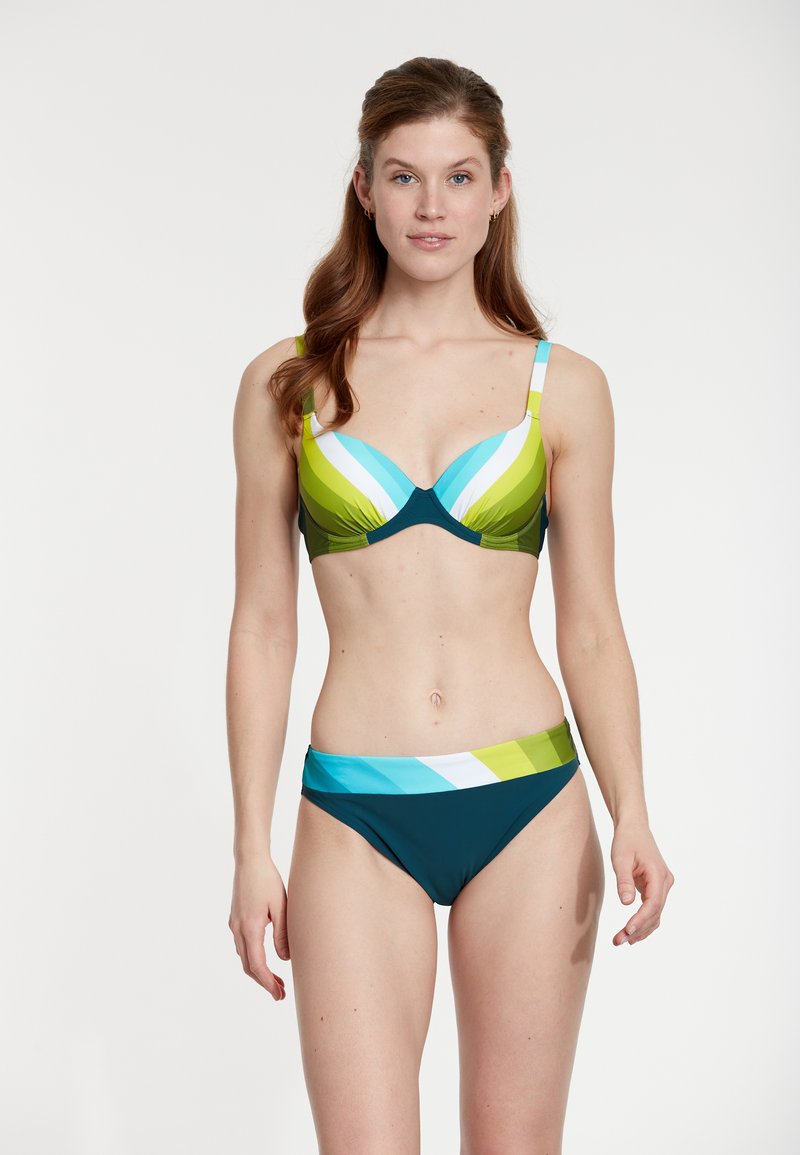 Set di bikini con un design a righe multicolore in verde, blu e turchese. Il top ha coppe sagomate e spalline regolabili, con slip a copertura completa.