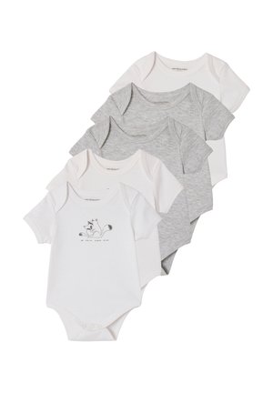 Set of five short-sleeve baby bodysuits in white and gray, one white with a small fox illustration and text on front.