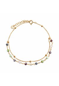 Bransoletka w kolorze złotym z dwiema delikatnymi łańcuszkami ozdobionymi wielokolorowymi, fasetowanymi koralikami i kulistymi akcentami. Regulowany zamek dla lepszego dopasowania.
