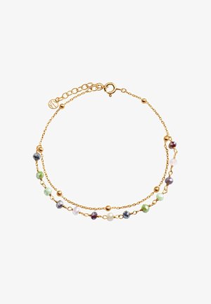 Bransoletka w kolorze złotym z dwiema delikatnymi łańcuszkami ozdobionymi wielokolorowymi, fasetowanymi koralikami i kulistymi akcentami. Regulowany zamek dla lepszego dopasowania.