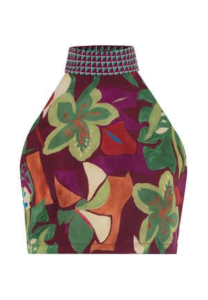 Haut halter floral avec un fond violet, mettant en avant des fleurs vertes et oranges. Accentué d'un col texturé à motifs dans des tons de vert et de rose.