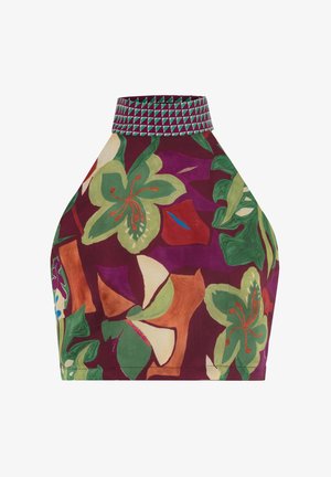 Haut halter floral avec un fond violet, mettant en avant des fleurs vertes et oranges. Accentué d'un col texturé à motifs dans des tons de vert et de rose.