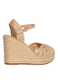 Sandalia de cuña espadrille con parte superior de yute trenzado y correa al tobillo. Color beige, diseño de punta abierta y acabado texturizado con acentos de patrón recortado.
