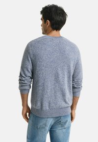 Blauer gemusterter Pullover mit langen Ärmeln, gerippten Bündchen und Saum. Über einer hellblauen Jeans getragen, von hinten betrachtet. Weicher Textil und lässiges Design.