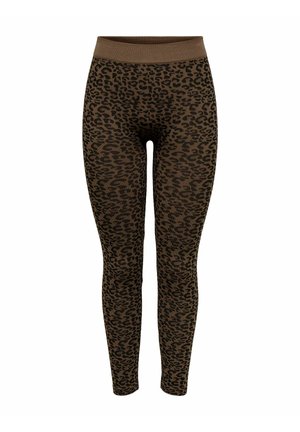 Hnědé legíny s leopardím potiskem a hladkou texturou, se širokým elastickým pasem a přiléhavým střihem, sahající až k kotníkům.