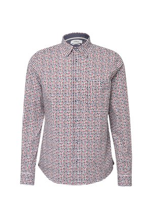 Korte mouwen overhemd van lichtgewicht stof met een witte basis, voorzien van een stippenpatroon in rood en marineblauw. Inclusief een borstzak en een puntige kraag.