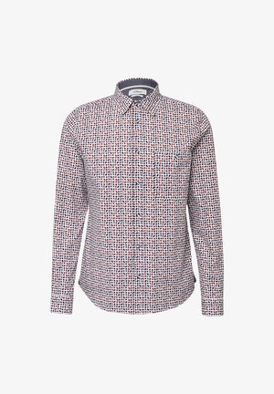 Hemd mit Knopfleiste aus leichtem Stoff in weißer Basis, mit einem gepunkteten Muster in Rot und Marineblau. Enthält eine Brusttasche und einen spitzen Kragen.