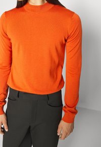 Jasnopomarańczowy sweter z długim rękawem i wysokim kołnierzem, wykonany z miękkiego materiału. Noszony z czarnymi, dopasowanymi spodniami z kieszeniami.