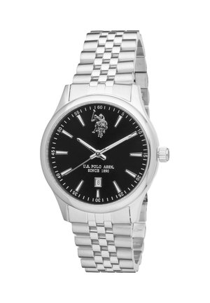 Orologio da polso in metallo argentato con quadrante nero, indici delle ore argentati, logo di un giocatore di polo, datario alle sei e cinturino in metallo a maglie.