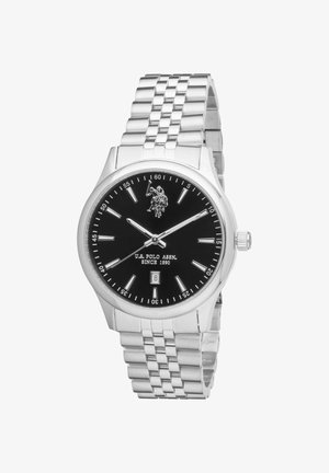 Silver metal wristwatch with black dial, silver hour markers, logo of polo player, date display at six o'clock, and linked metal band.