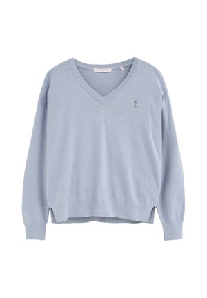 Hellblauer V-Ausschnitt Langarmpullover mit gerippten Bündchen und Saum, mit einem kleinen gestickten Polo-Spieler-Logo auf der linken Brust.