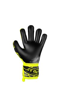 Schwarze Torwarthandschuhe mit strukturierten Grip-Oberfläche, neongelben Akzenten und einem gemusterten Handgelenkriemen. Mit fünf Fingern und einer enganliegenden Passform.