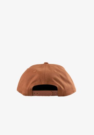 Brown fabric baseball cap shown from the back with an adjustable plastic snap closure on a white background.