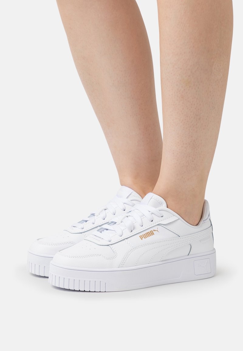 Baskets blanches Puma avec semelles épaisses portées sur des jambes nues sur un fond clair uni, montrant des vues latérale et frontale.