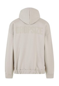 Light gray hoodie with a front kangaroo pocket, ribbed cuffs, and waistband. Features embossed "DROPSIZE" text on the back. Soft texture.
