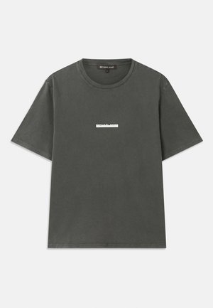 Gray cotton t-shirt with short sleeves, round neckline, and a white logo printed on the chest. Smooth texture with a casual design.