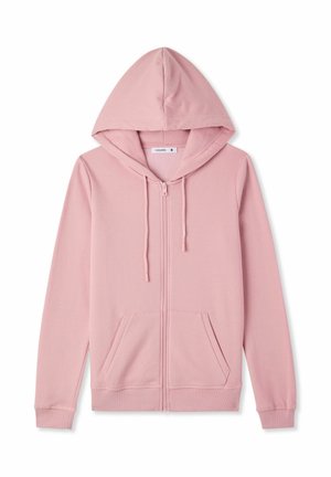 Felpa con cappuccio rosa chiaro con zip, cordini e due tasche frontali, distesa su uno sfondo bianco.