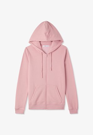 Felpa con cappuccio rosa chiaro con zip, cordini e due tasche frontali, distesa su uno sfondo bianco.
