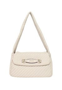 Borsa a tracolla intrecciata color crema dalla forma strutturata, con parte superiore piatta, manico corto e dettaglio a chiusura metallica con marchio.