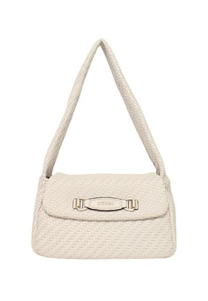 Borsa a tracolla intrecciata color crema dalla forma strutturata, con parte superiore piatta, manico corto e dettaglio a chiusura metallica con marchio.